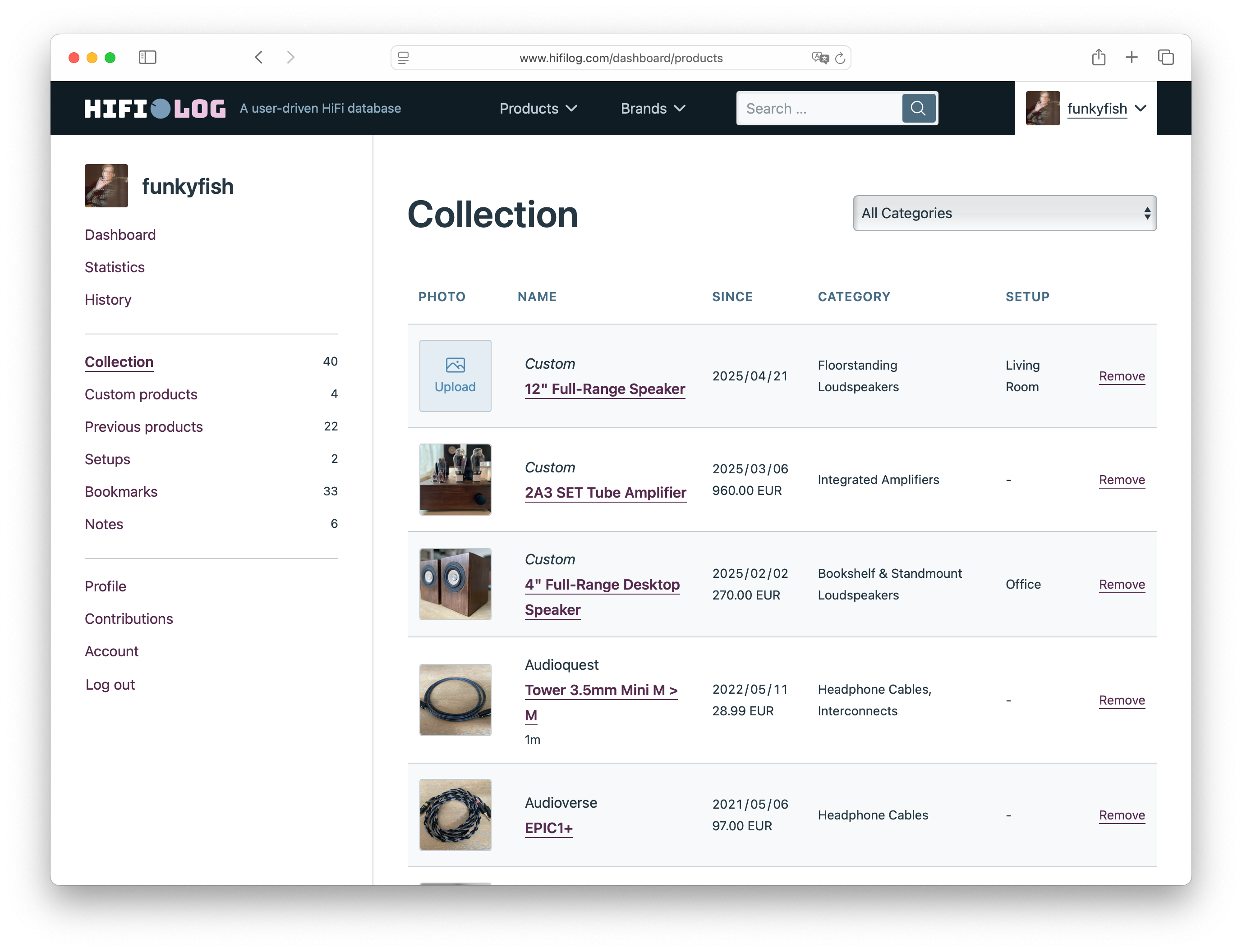 Screenshot showing the collection of a logged in hifilog user